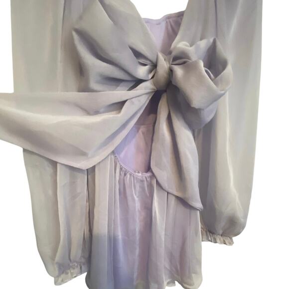 Lucy in the Sky Lavender Puff Sleeve Chiffon Dress XS Smocked Bodice Tie Back - Picture 3 of 6